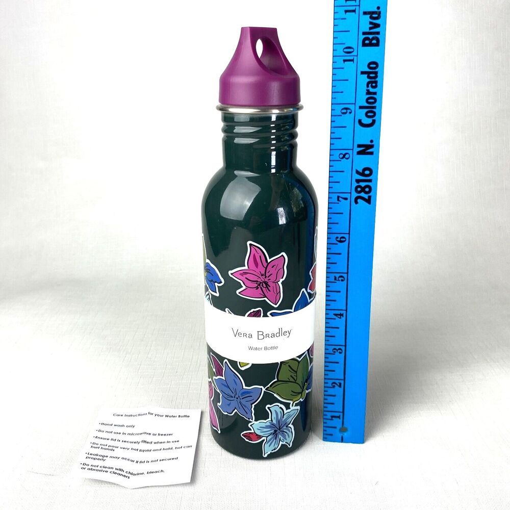 VERA BRADLEY Falling Flowers 25 Oz STAINLESS STEEL WATER BOTTLE! Green Purple